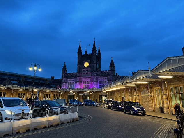 Bristol Temple Meads station lit up at night