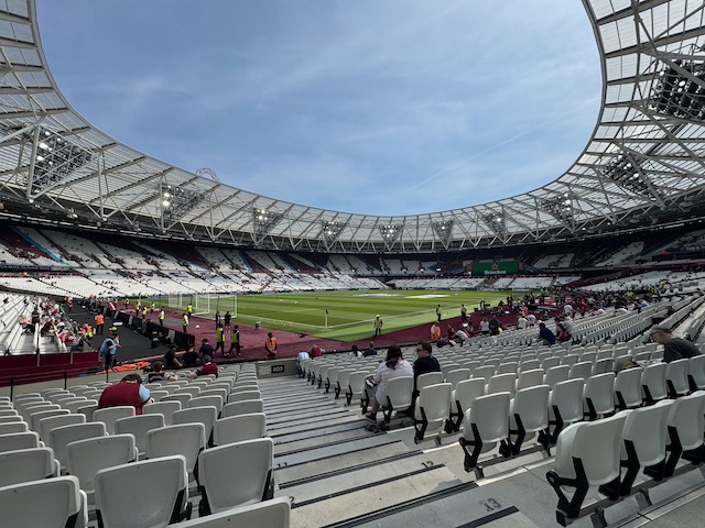 Wide angle of the inside of London Stadium which is still largely empty before the match
