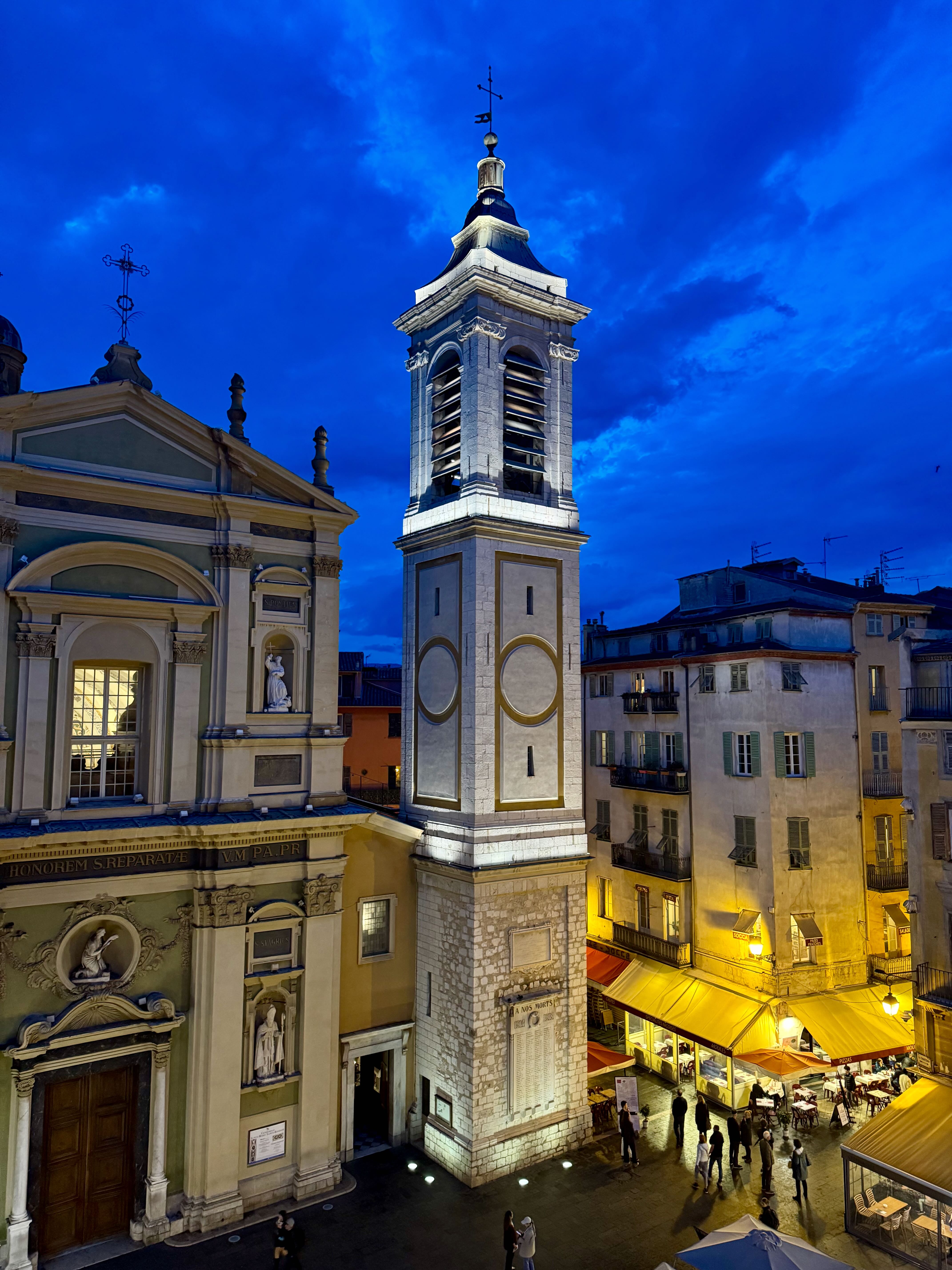 View over Place Rossetti in Nice, France of the Cathedrale Sainte Reparate at night.