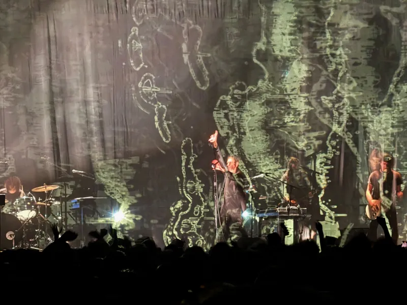 Trent on stage singing into a microphone there are green blobs floating around him.
