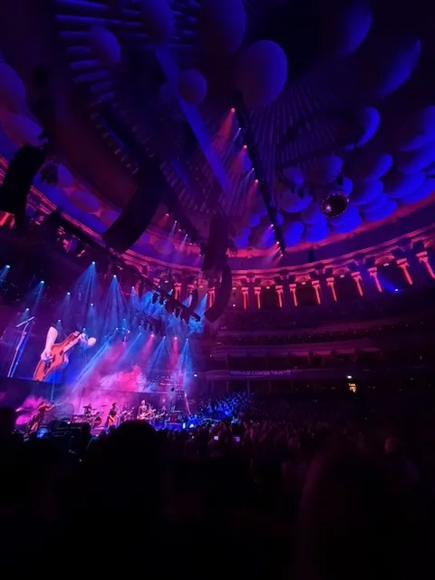 Panoramic view of the Royal Albert Hall during Placebo's set, with blue and pink lighting illuminating the stage and the ornate ceiling with acoustic dishes. A guitarist is projected on the large side screen.