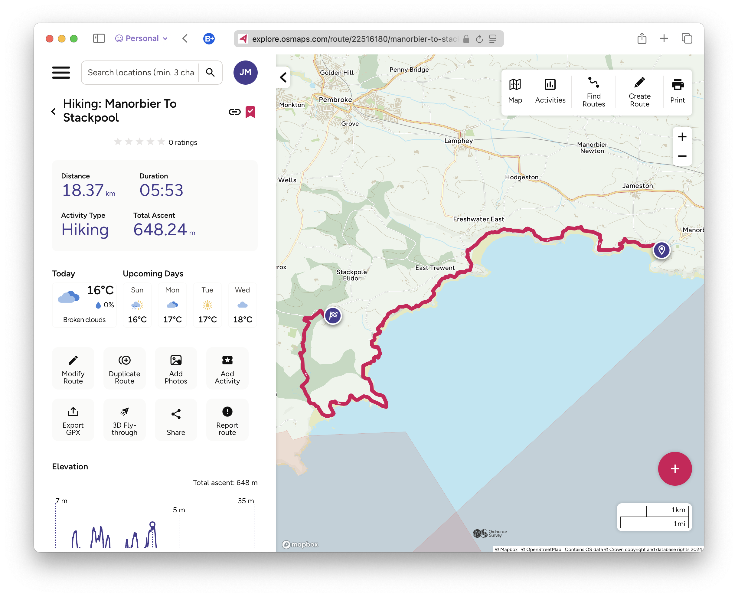 Screenshot of the Oridnance Survey website showing our path from Manorbier to Stackpool